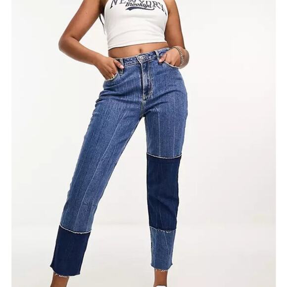 Hollister Denim - Hollister Patchwork Raw Hem High Rise Straight Leg Cropped Mom Jeans Size 26